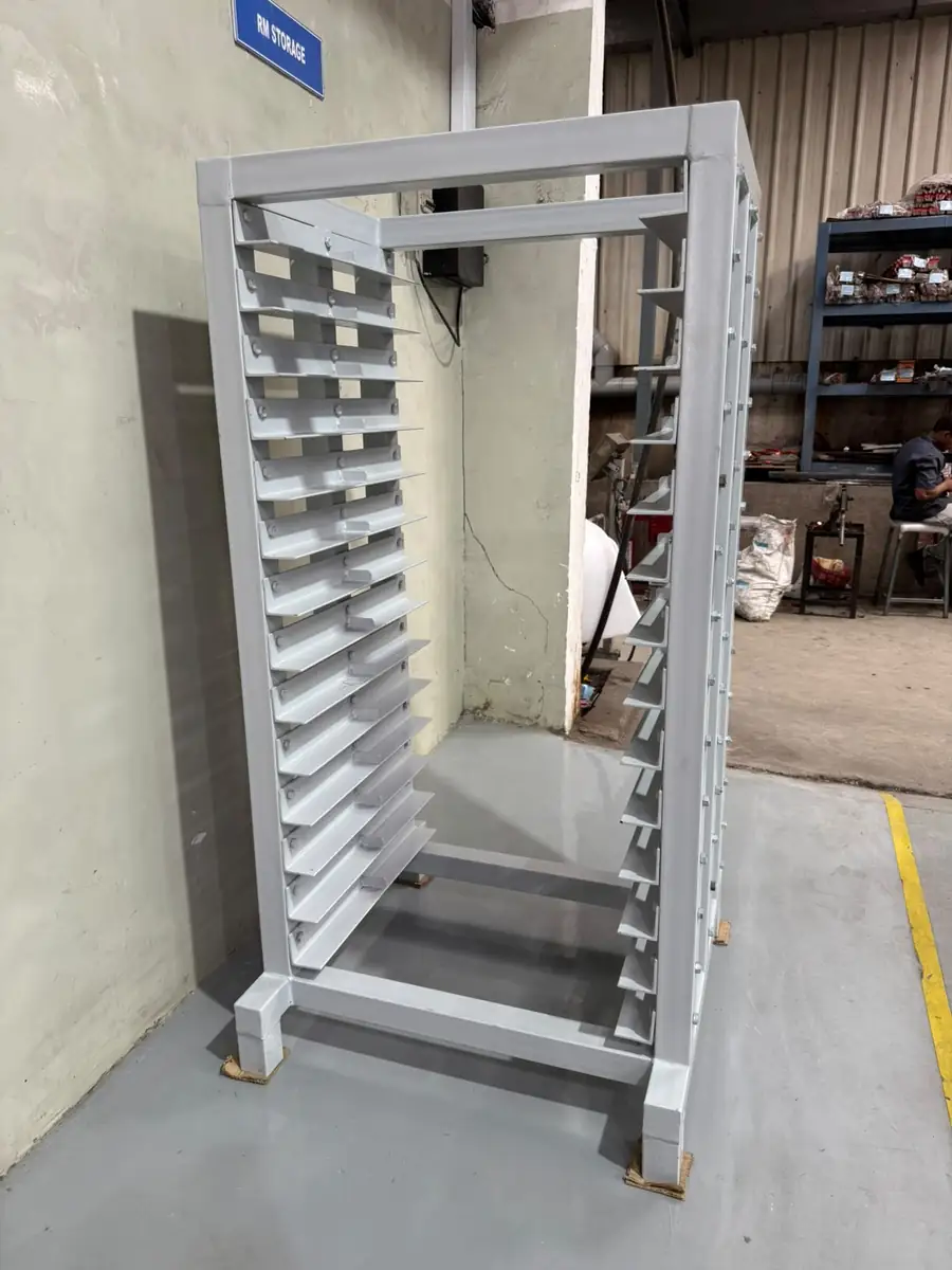 Stainless steel tray rack in a food storage room