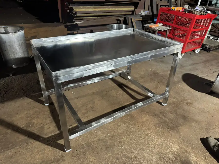 Welded stainless steel work table frame before finishing