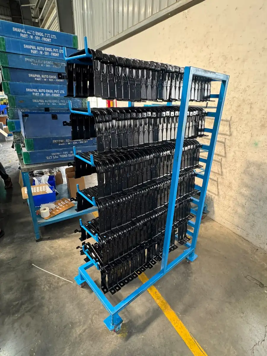 Industrial storage racks in blue finish holding panel stock