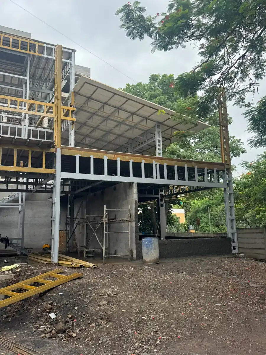 Mezzanine deck and access structure fabricated in MS sections