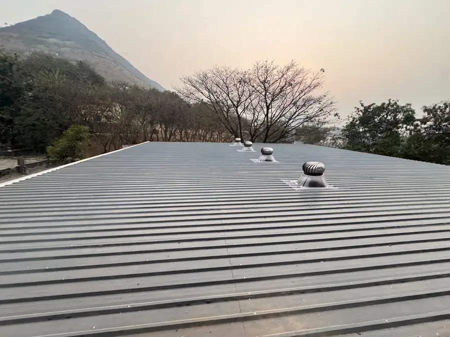 Top view of completed roof sheeting with turbo ventilators