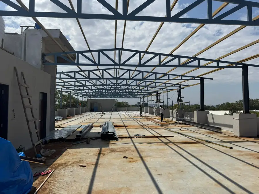 Shed roof frame with cross bracing viewed from inside