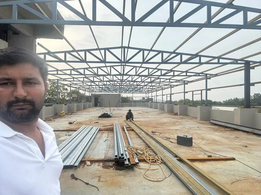 Shed under construction with purlins and roof frame in place
