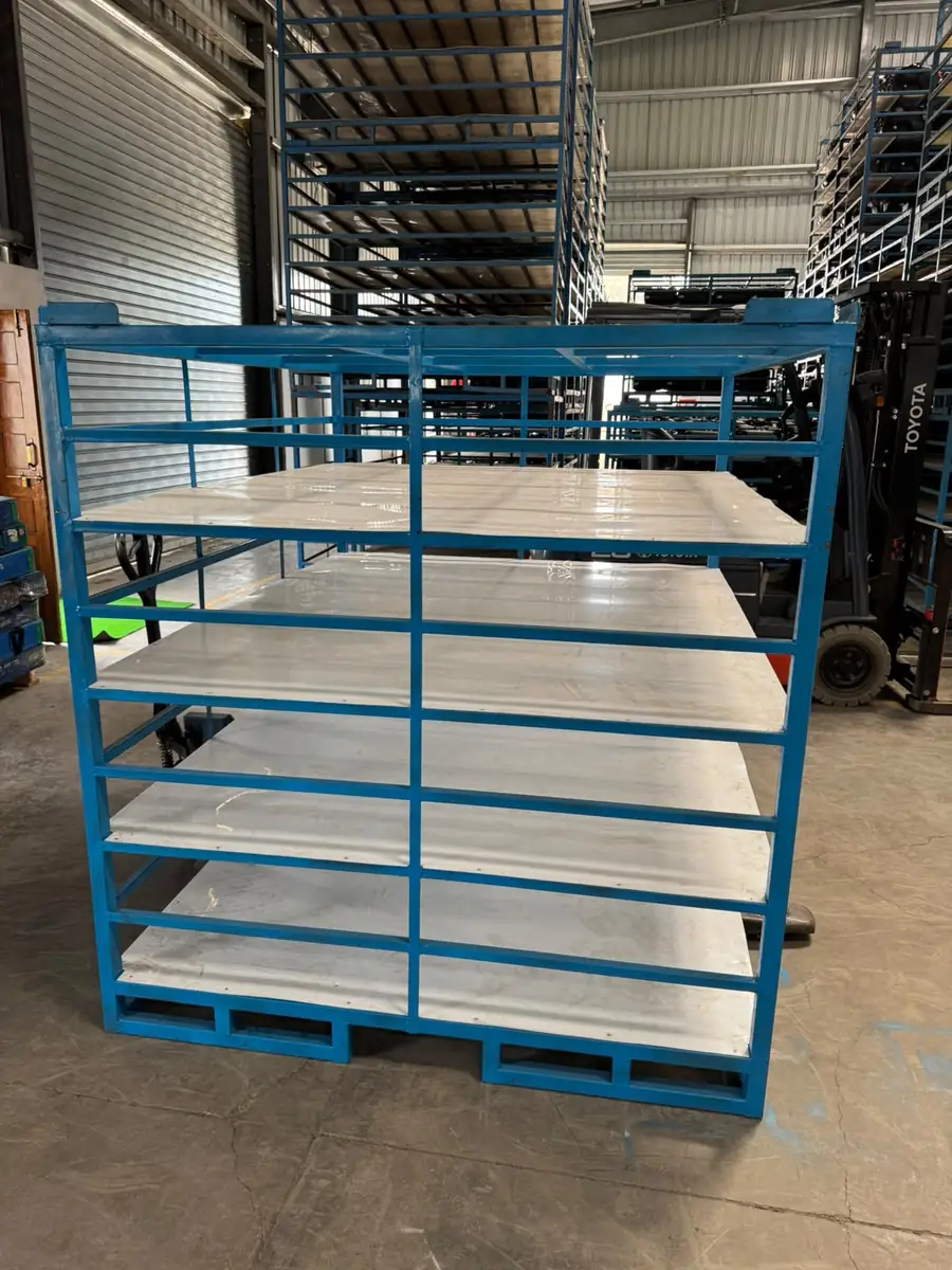 Four-tier tray trolley finished in blue for in-plant handling